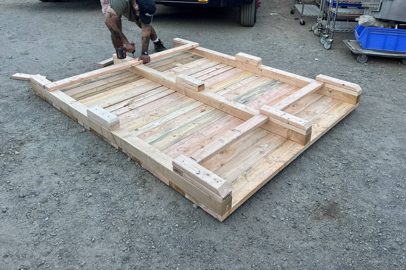 Building a custom skid base on-site.
